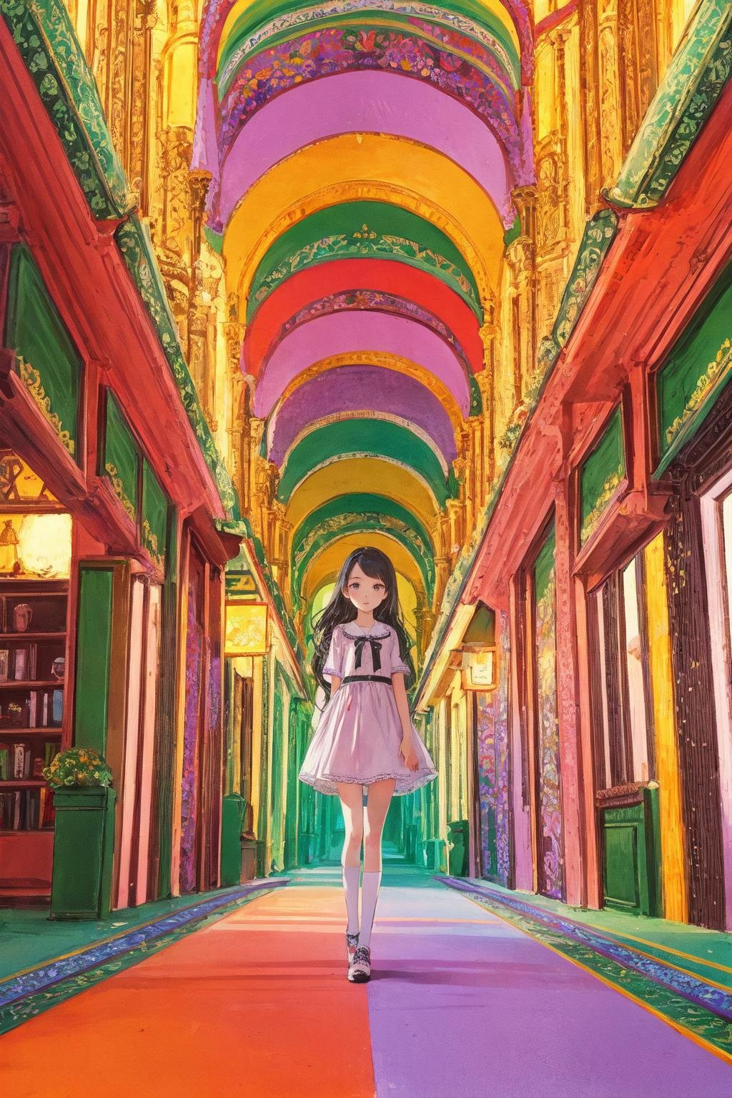 Polychrome, limited palette, colorful, scenery, 1girl, rainbow, green city,, detailed background, masterpiece, best quality,