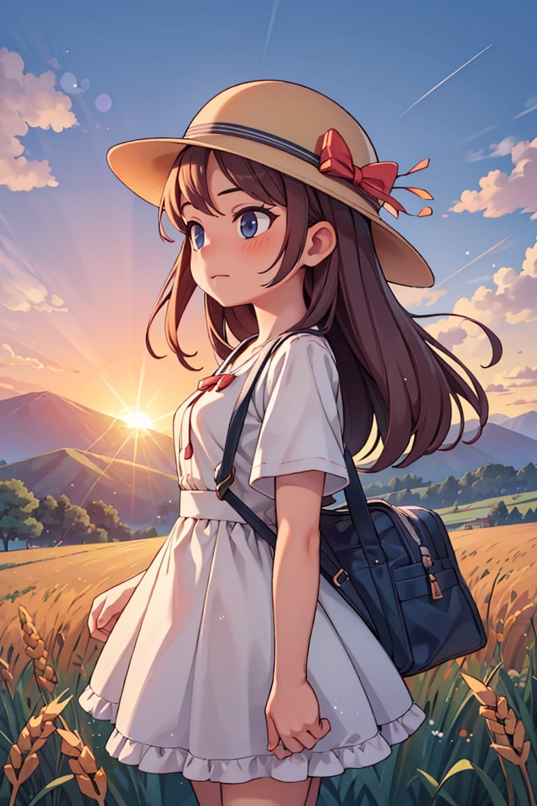 masterpiece,best quality,landscape, 1girl, hat, wheat, farm, sunset, lens flare, mountain, clouds,<lyco:GoodHands-beta2:1.0> <lora:more_details:0.3>,