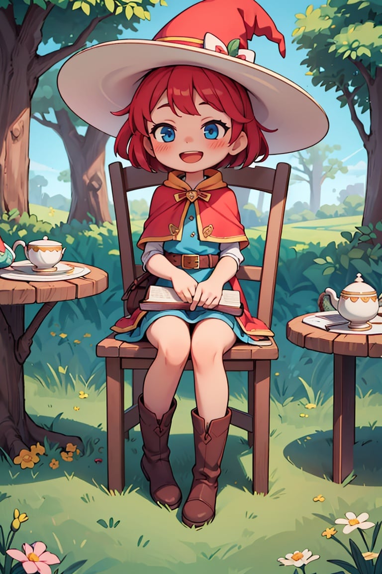 masterpiece,best quality,dramatic, witch,1girl, hat, tree, solo, blue eyes, flower, teacup, red hair, cat, smile, sitting, blue headwear, belt, open mouth, short hair, table, dress, chair, day, :d, blush, book, saucer,   grass,  nature, boots, capelet,  <lyco:GoodHands-beta2:1.0> <lora:more_details:0.3>,