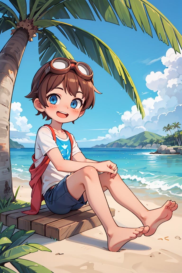 masterpiece,best quality,1boy,solo,goggles on head,male focus,blue eyes,outdoors,barefoot,shorts,open mouth,smile,looking at viewer,sitting,beach,blush,tree,brown hair,sky,palm tree,ocean,day,<lyco:GoodHands-beta2:1.0> <lora:more_details:0.3>,