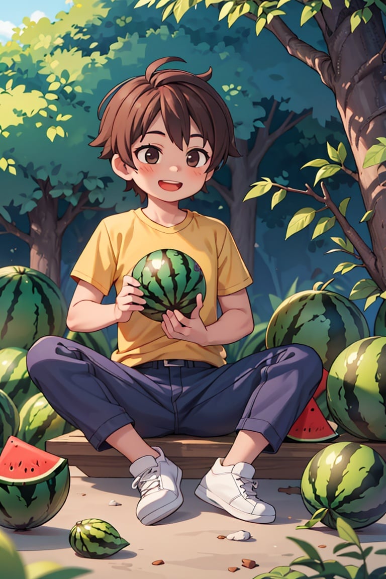 masterpiece, best quality, ruit,1boy, solo,eating,holding watermelon, (more Cut Watermelon:1.2),yellow shirt, male focus, brown hair, shirt, pants,  holding, open mouth,  sitting, smile, short sleeves,  white footwear,sky,forest, dog,<lyco:GoodHands-beta2:1.0> <lora:more_details:0.3>,