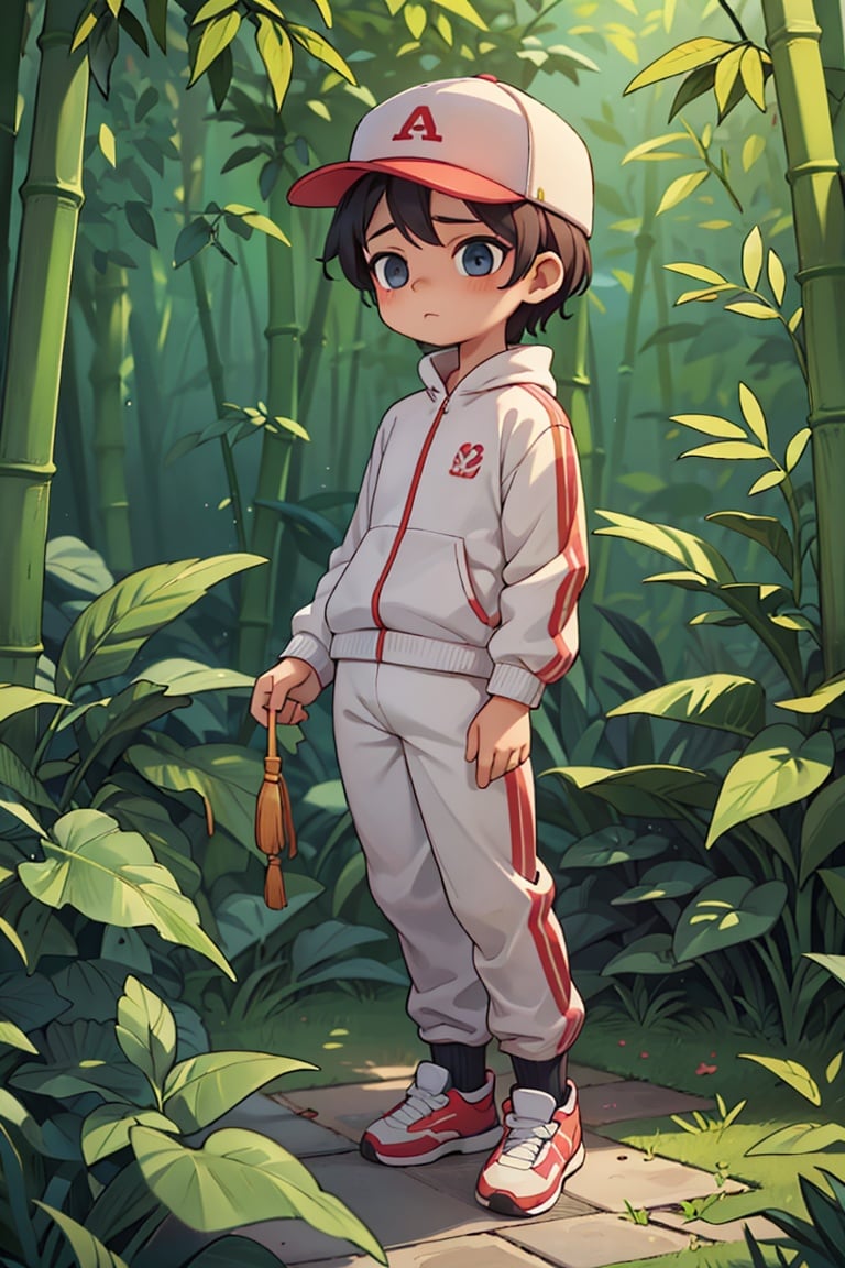 ((best quality, masterpiece)), dramatic, This is a very cute one wearing a cap, 1boy,wearing a tracksuit,bamboo forest background,, <lyco:GoodHands-beta2:1.0> <lora:more_details:0.3>,