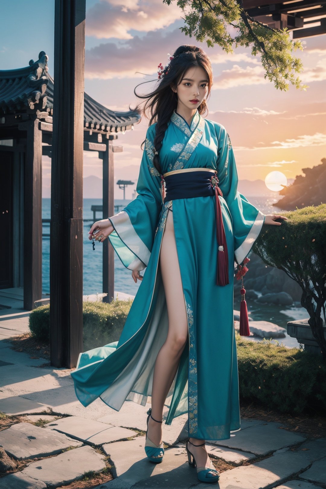 best quality,photoshop \(medium\),(photoshop realistic:1.4),sea,sunset,tree,wind,fufeng,1gril,solo,hanfu,east asian architecture,full body, <lora:ancient costume_20230623131017:0.5:wear>