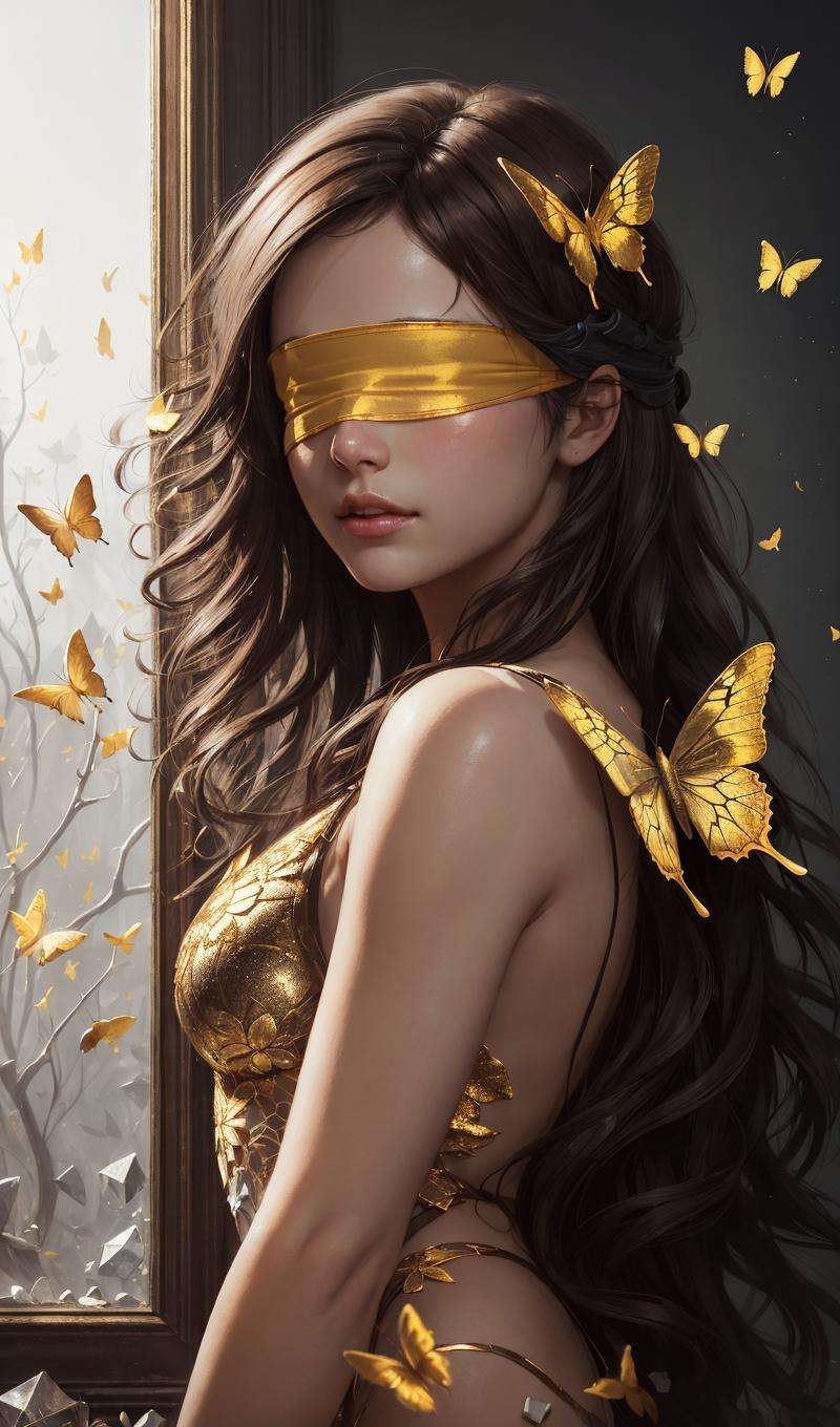 (golden-blindfold:1.2),8k portrait of beautiful cyborg with brown hair,intricate,elegant,highly detailed,majestic,digital photography,art by artgerm and ruan jia and greg rutkowski surreal painting gold butterfly filigree,broken glass,(masterpiece, sidelighting, finely detailed beautiful eyes:1.2),hdr,<lora:YKHB-000000:0.3>,