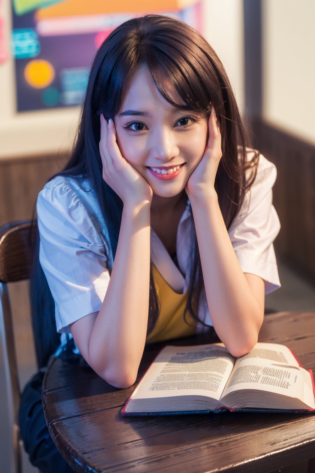 (masterpiece:1.3),(best quality:1.2),8k,absurdres,unity 8k wallpapper,(extremely detailed:1.3),highest resolution,1 girl,looking at audience,smiling,confident,attractive,indoor,blurred background,eyes wide open,solo,hand on own head,school uniform,book,pen,desk,tongue night,studying shouting,<lora:majisbpk_20230704213723:0.8>, majisbpk