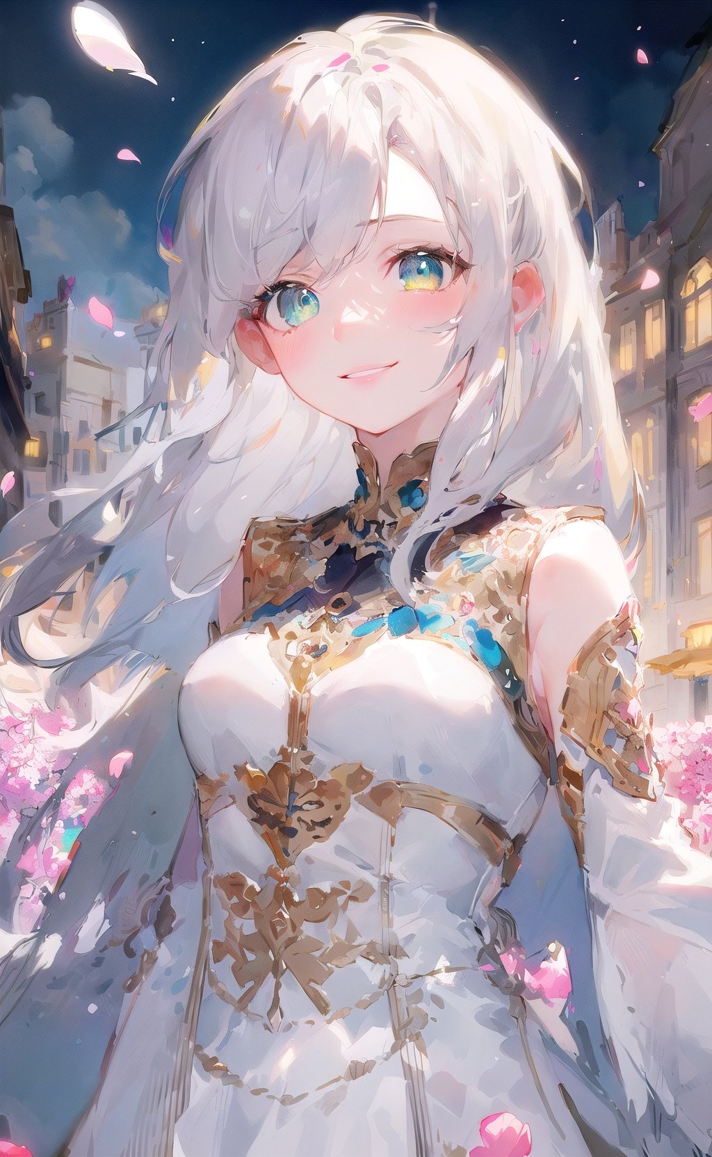 watercolor,masterpiece, best quality, 1girl, (colorful),(finely detailed beautiful eyes and detailed face),cinematic lighting,bust shot,extremely detailed CG unity 8k wallpaper,white hair,solo,smile,intricate skirt,((flying petal)),(Flowery meadow) sky, cloudy_sky, building, moonlight, moon, night, (dark theme:1.3), light, fantasy,<lora:watercolor_v10:1>