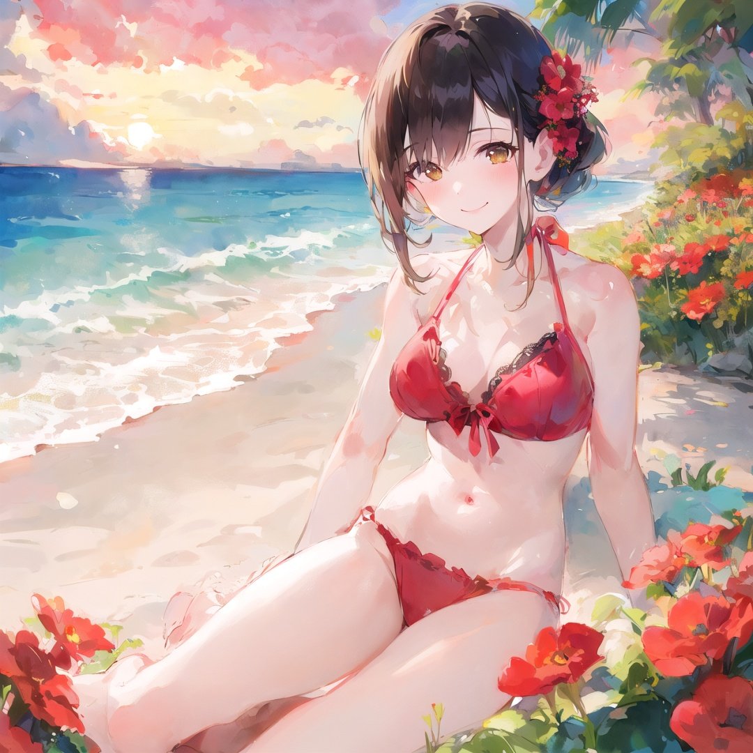 watercolor,1girl,beach, swimsuit, sunset, sea, looking at viewer, smile,white rose, plant, red flower, perfume bottle<lora:watercolor_v10:1.2>