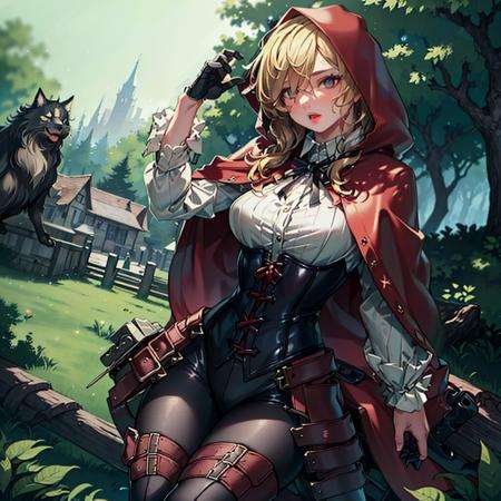 (RedHoodWaifu:1), 1girl, cute, (messy hair, blonde, long hair), (red hood, cape, corset, dress), cute pose, (realistic:1.2), (realism), (masterpiece:1.2), (best quality), (ultra detailed), (8k, 4k, intricate),(full-body-shot:1),(Cowboy-shot:1.2), (85mm),light particles, lighting, (highly detailed:1.2),(detailed face:1.2), (gradients), sfw, colorful,(detailed eyes:1.2),(detailed ladscape, forest, vegetation, house:1.2),(detailed background),detailed landscape, (dynamic angle:1.2), (dynamic pose:1.2), (rule of third_composition:1.3), (Line of action:1.2), wide shot, daylight, solo, <lora:LittleRedHood_character-20:0.8>