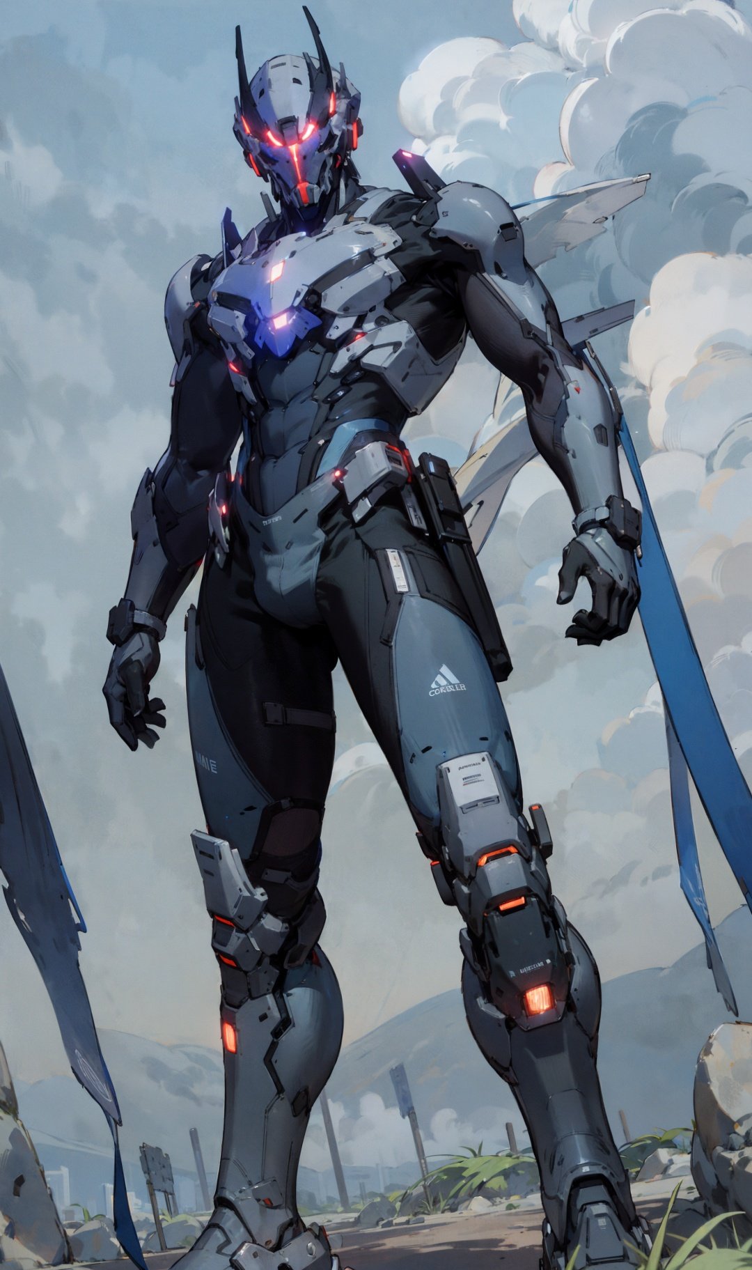 1man,<lora:ag-nobg:1>,dark suit,glowing eyes,standing on ground,outdoors,blue sky,cloud horizon