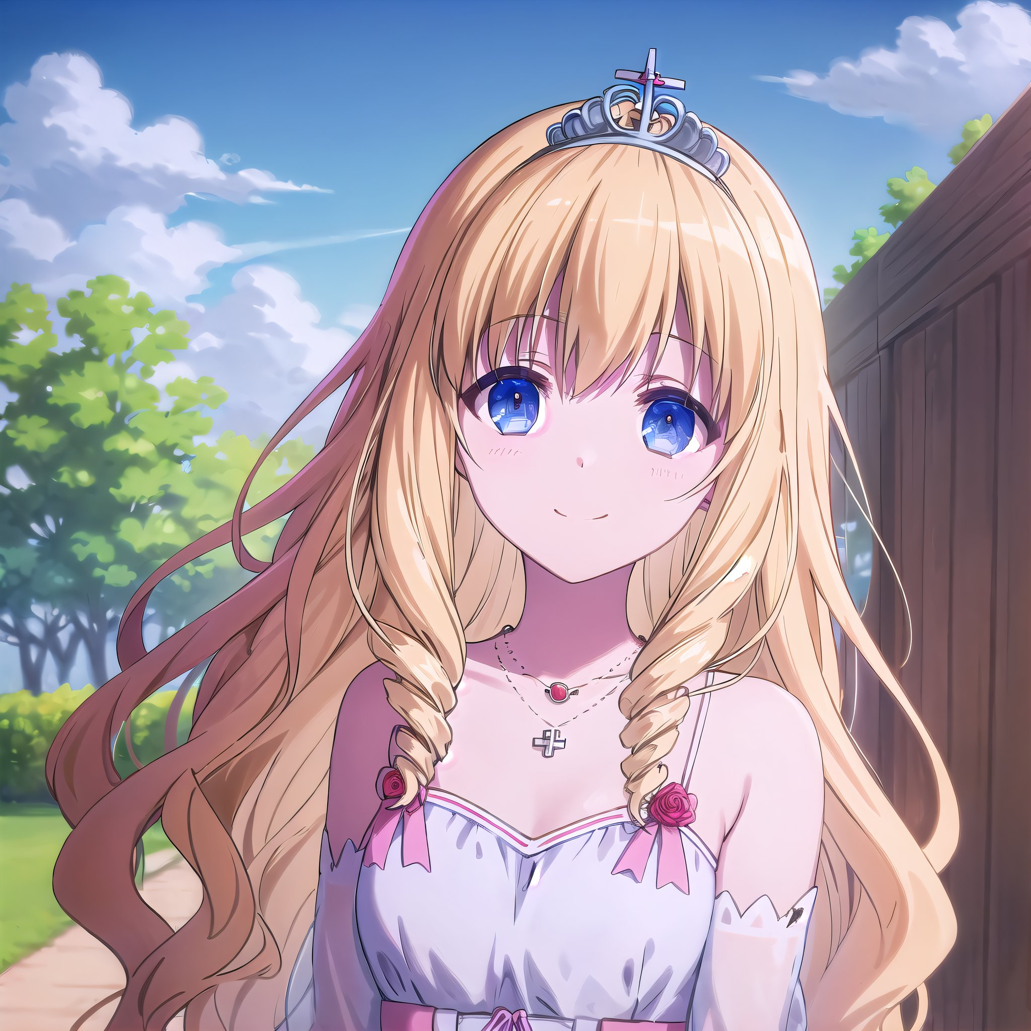 best quality, (masterpiece:1.2), highly detailed, day, outdoors, sky, cloud1girl, solo, <lora:chara_AmagiBrilliantPark_Latifa_v1:0.8>, latifa fleuranza, closed mouth, smile, looking at the viewer,blonde hair, long hair, very long hair, drill hair, blue eyes, tiara, pink dress, bare shoulders, necklace