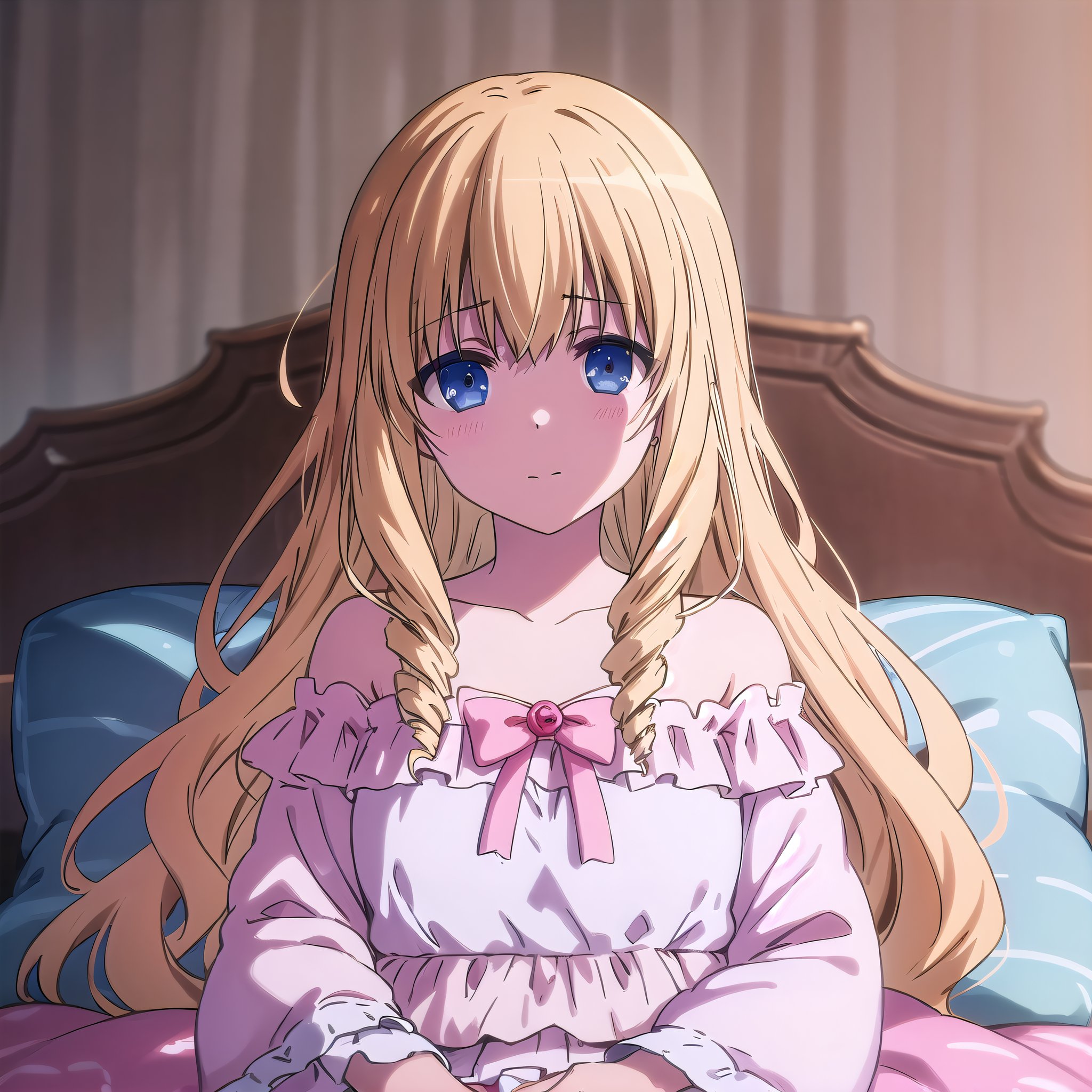 best quality, (masterpiece:1.2), highly detailed, bed,1girl, solo, <lora:chara_AmagiBrilliantPark_Latifa_v1:0.8>, latifa fleuranza, closed mouth,  looking at the viewer,blonde hair, long hair, very long hair, drill hair, blue eyes, pajamas, pillow, blanket, bare shoulders