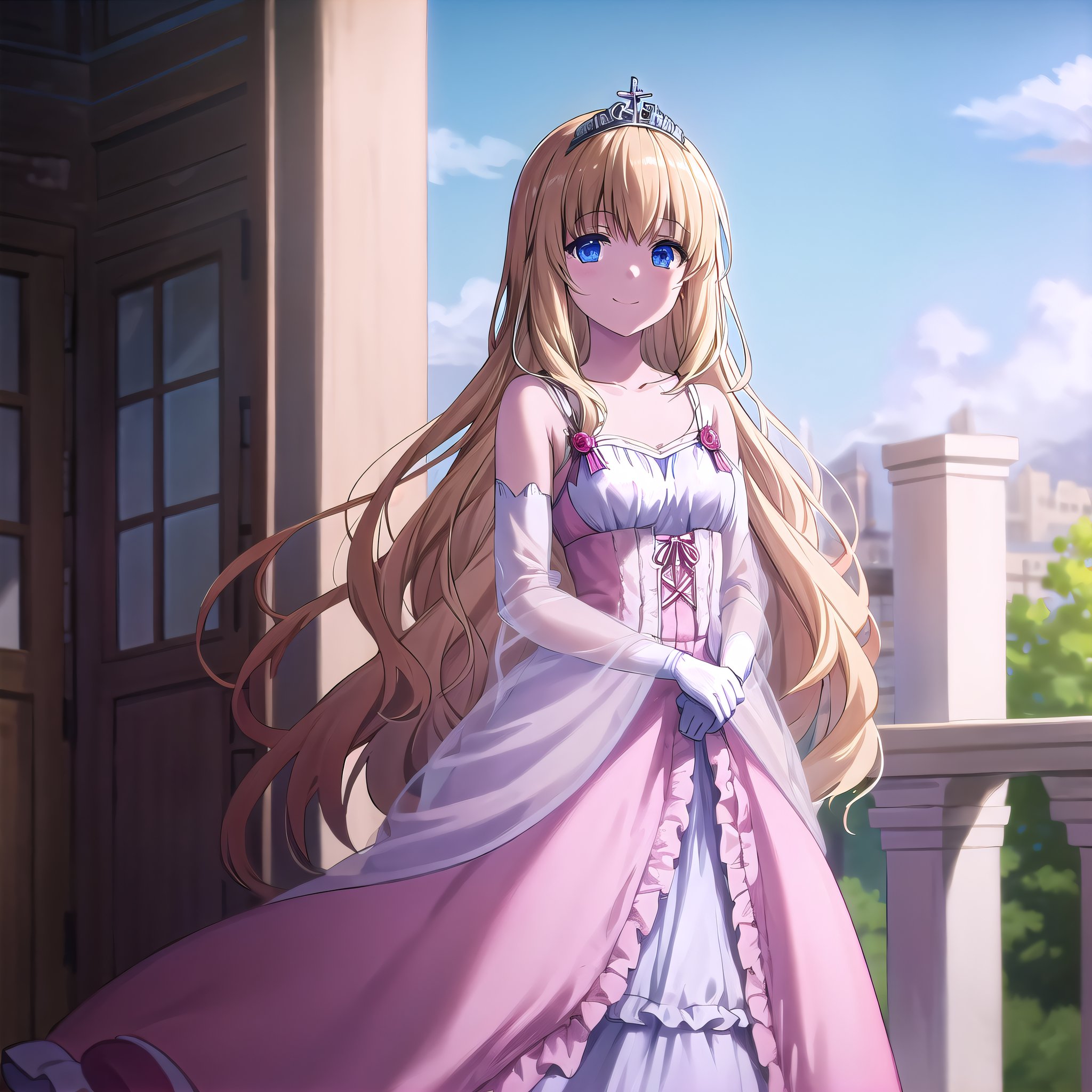 best quality, (masterpiece:1.2), highly detailed, day, outdoors,1girl, solo, <lora:chara_AmagiBrilliantPark_Latifa_v1:0.8>, latifa fleuranza, closed mouth, smile, looking at the viewer, standing,blonde hair, long hair, very long hair, blue eyes, tiara, pink dress, bare shoulders, gown, necklace, gloves