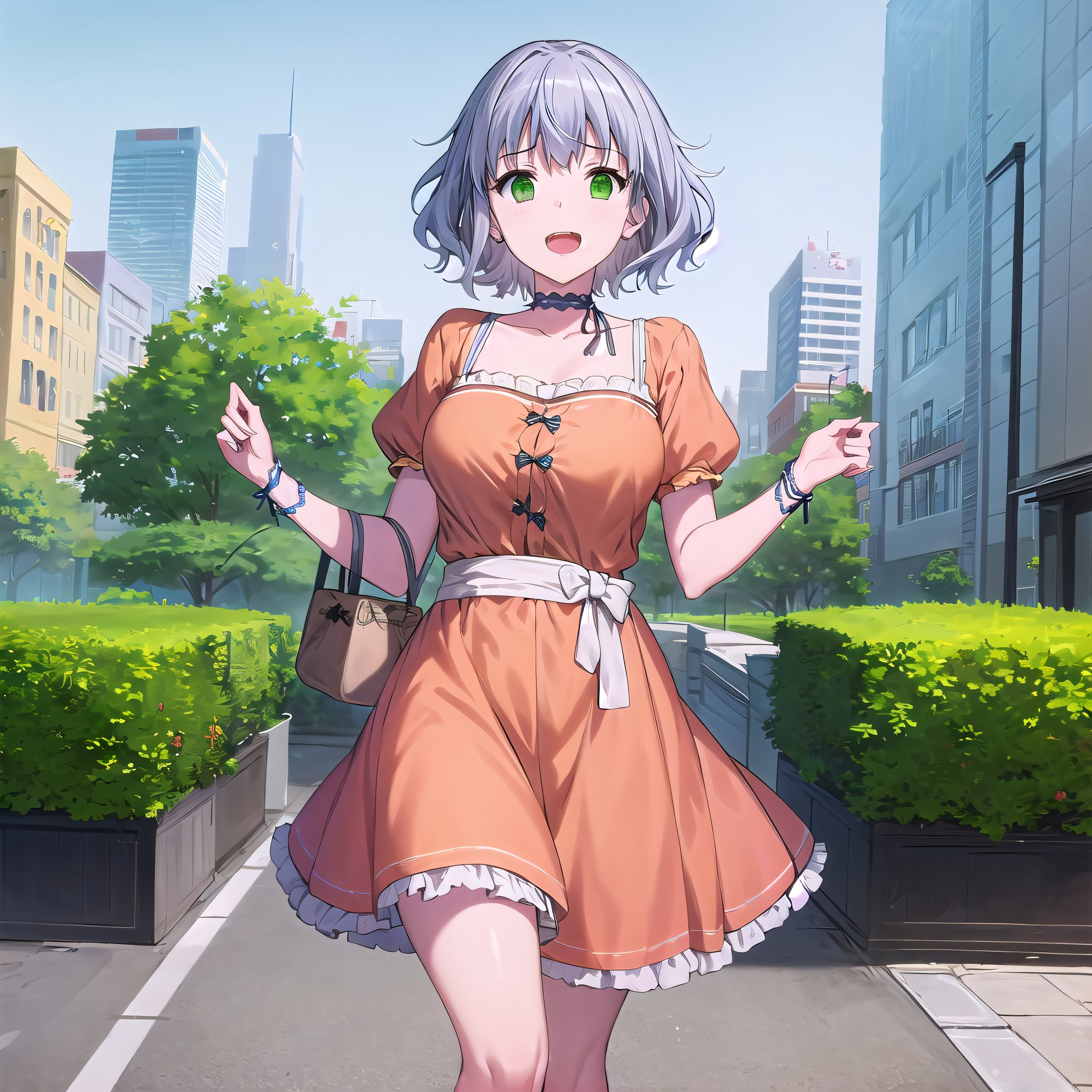 best quality, (masterpiece:1.2), highly detailed, outdoors, city, day,1girl, solo, <lora:chara_AmagiBrilliantPark_Muse_v1:0.8>, muse, open mouth, slight smile, looking at the viewer,grey hair, short hair, green eyes, yellow dress, yellow skirt