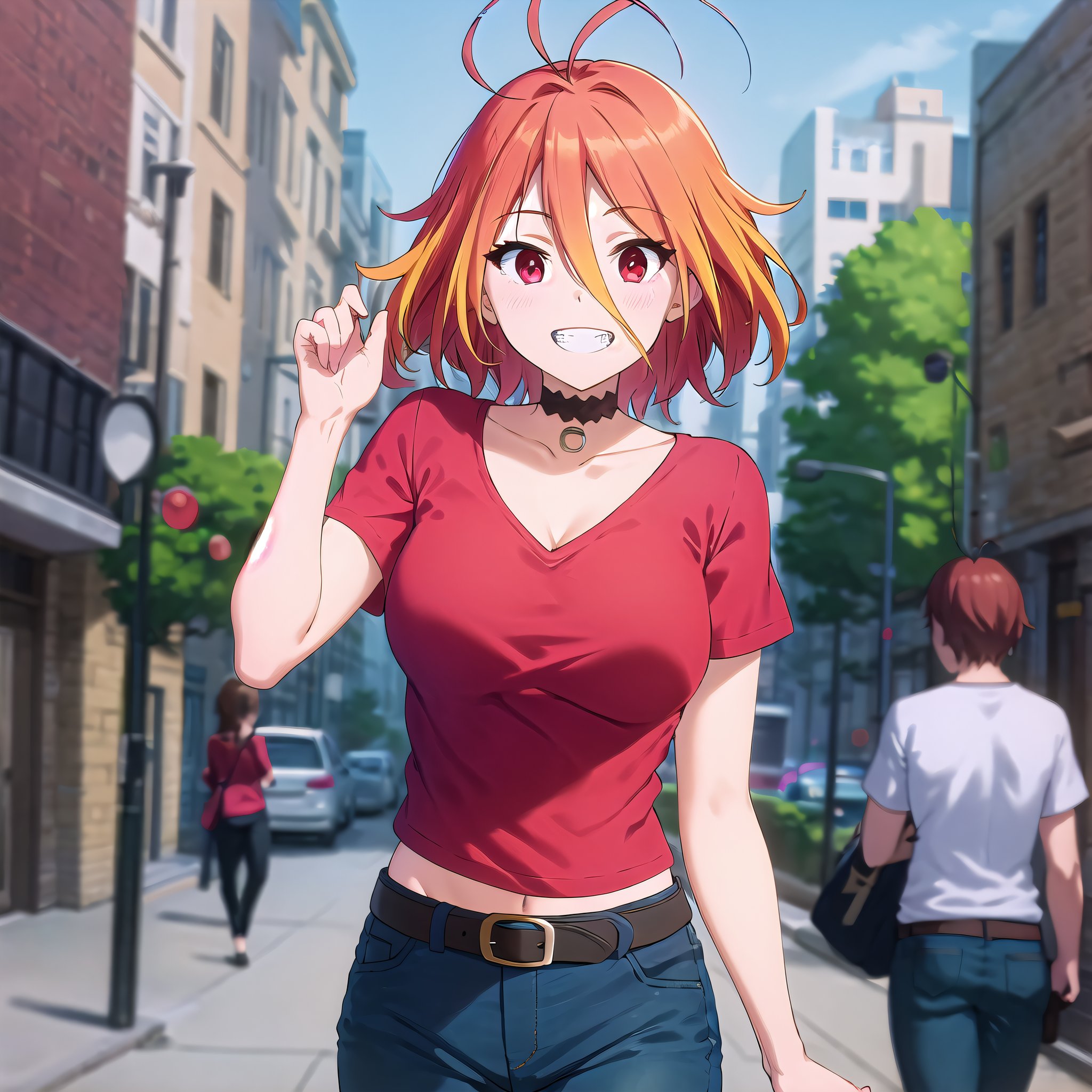 best quality, (masterpiece:1.2), highly detailed, day, city, street,1girl, solo, <lora:chara_AmagiBrilliantPark_Salama_v1:0.8>, salama, smile, teeth, looking at the viewer, standing,multicolored hair, orange hair, antenna hair, short hair, red eyes, red shirt, jeans, black choker, black belt, bellybutton