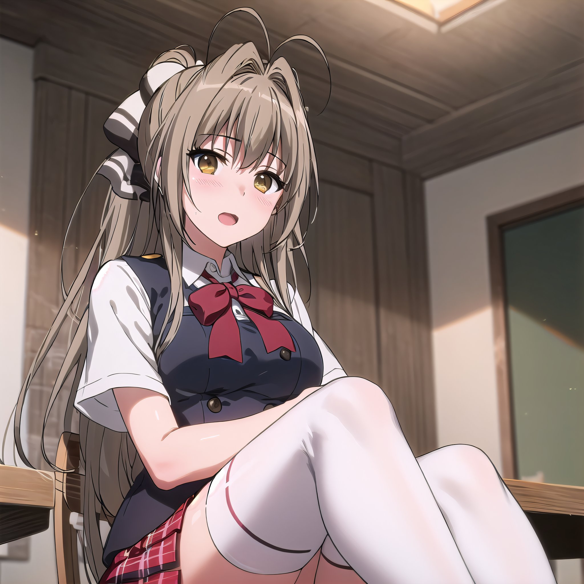 best quality, (masterpiece:1.2), highly detailed, indoors, school,1girl, solo, <lora:chara_AmagiBrilliantPark_SentoIsuzu_v1:0.8>, sento isuzu, open mouth, slight smile, blush, looking at the viewer,brown hair, long hair, antenna hair, ponytail, brown eyes, school uniform, short sleeves, plaid skirt, red skirt