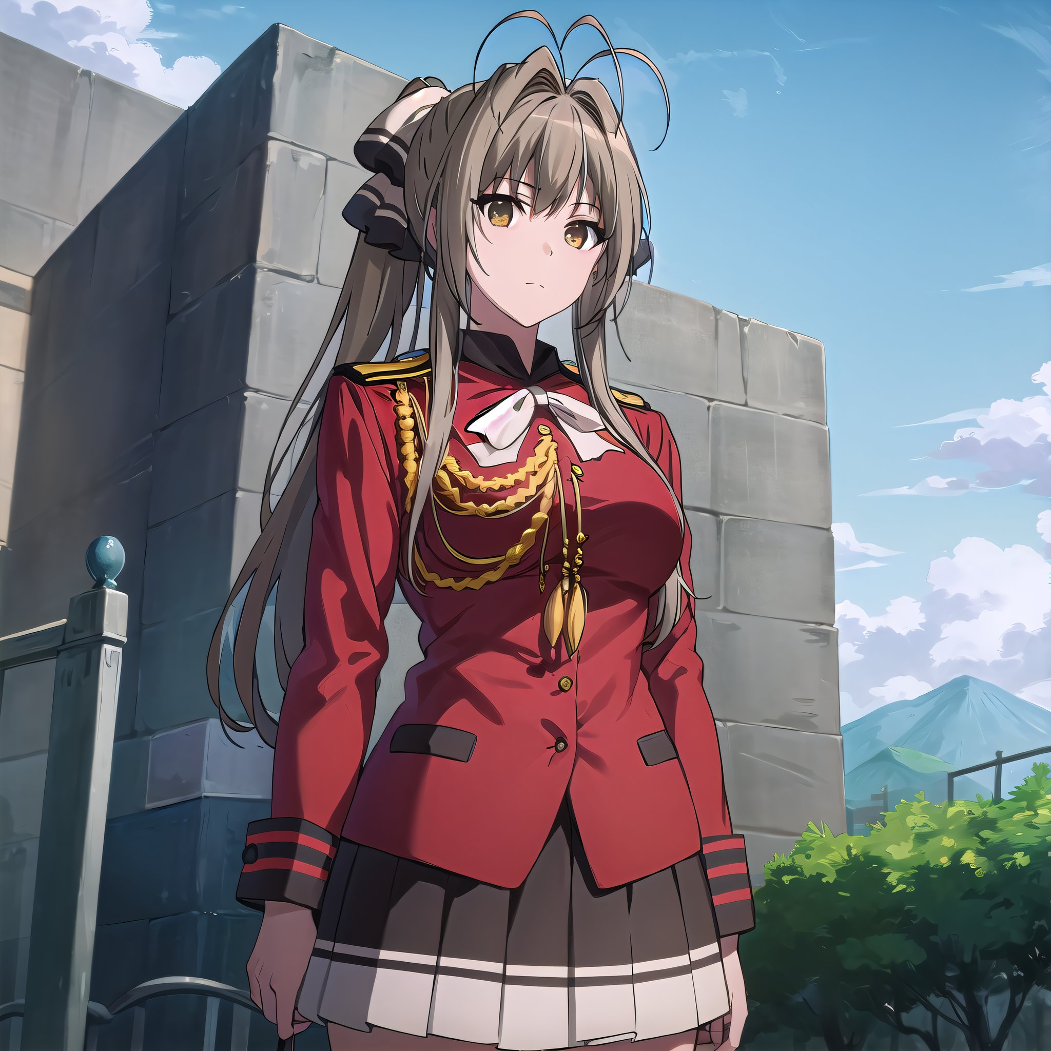 best quality, (masterpiece:1.2), highly detailed, outdoors,1girl, solo, <lora:chara_AmagiBrilliantPark_SentoIsuzu_v1:0.8>, sento isuzu, closed mouth, looking at the viewer,brown hair, long hair, antenna hair, ponytail, brown eyes, ribbon, aiguillette, pleated skirt