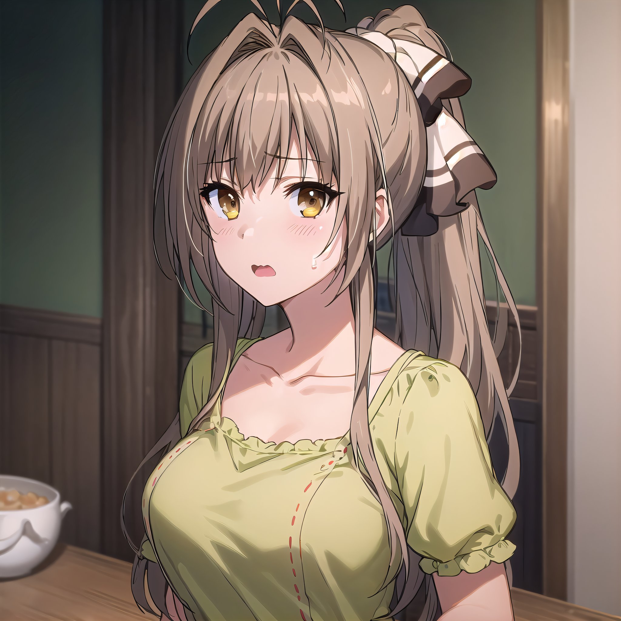 best quality, (masterpiece:1.2), highly detailed, indoors,1girl, solo, <lora:chara_AmagiBrilliantPark_SentoIsuzu_v1:0.7>, sento isuzu, open mouth, wavy mouth, looking at the viewer,brown hair, long hair, brown eyes, antenna hair, ponytail, green shirt, collarbone, upperbody, sweatdrop, short sleeves