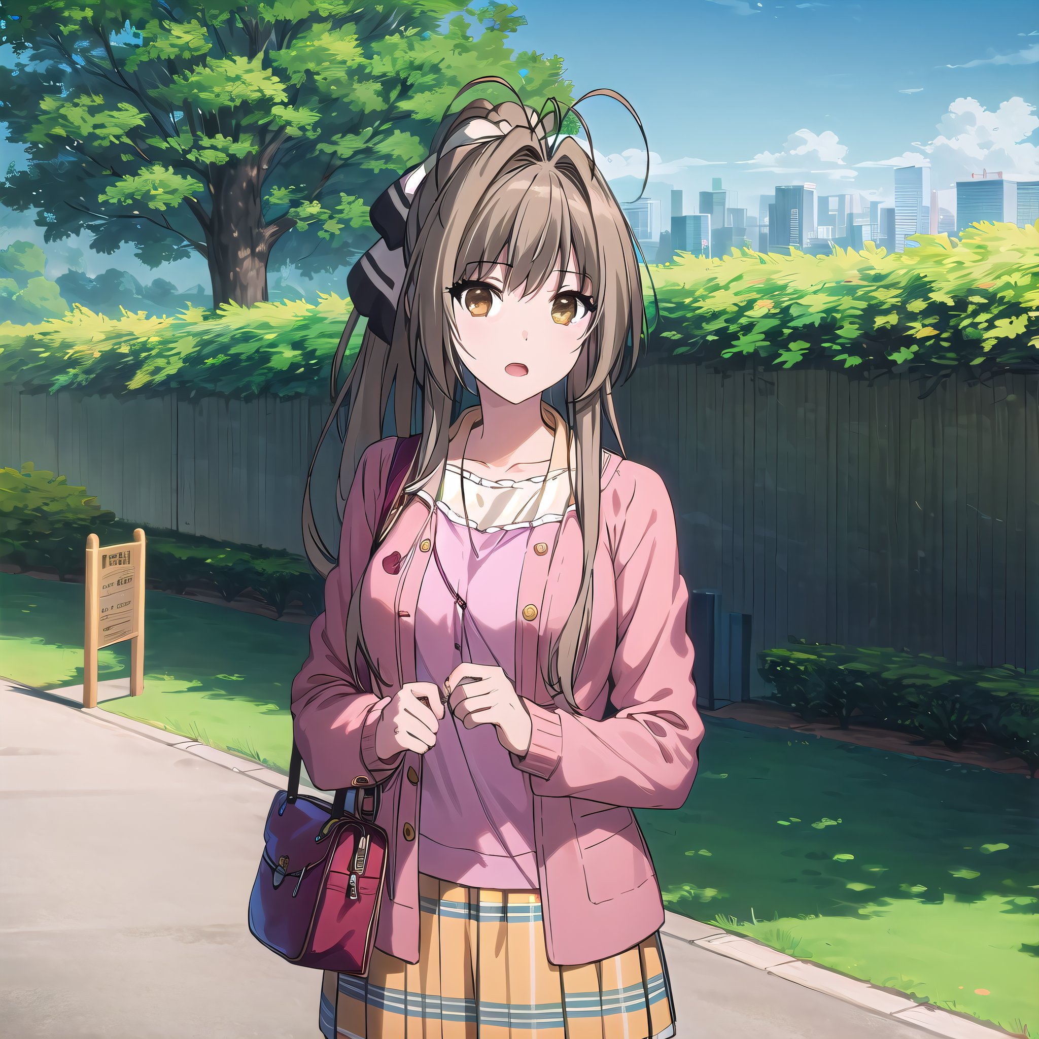 best quality, (masterpiece:1.2), highly detailed, day, outdoors, park,1girl, solo, <lora:chara_AmagiBrilliantPark_SentoIsuzu_v1:0.8>, sento isuzu, open mouth, looking at the viewer,brown hair, long hair, antenna hair, ponytail, brown eyes, pink jacket, open jacket, orange skirt, skirt