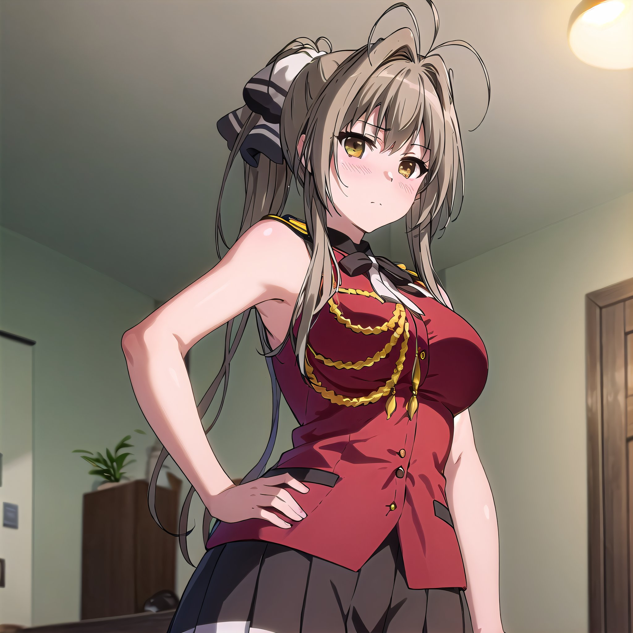 best quality, (masterpiece:1.2), highly detailed, indoors, 1girl, solo, <lora:chara_AmagiBrilliantPark_SentoIsuzu_v1:0.8>, sento isuzu, closed mouth, blush, looking at the viewer, hand on hip,brown hair, long hair, antenna hair, ponytail, brown eyes, ribbon, aiguillette, sleeveless, pleated skirt, black skirt