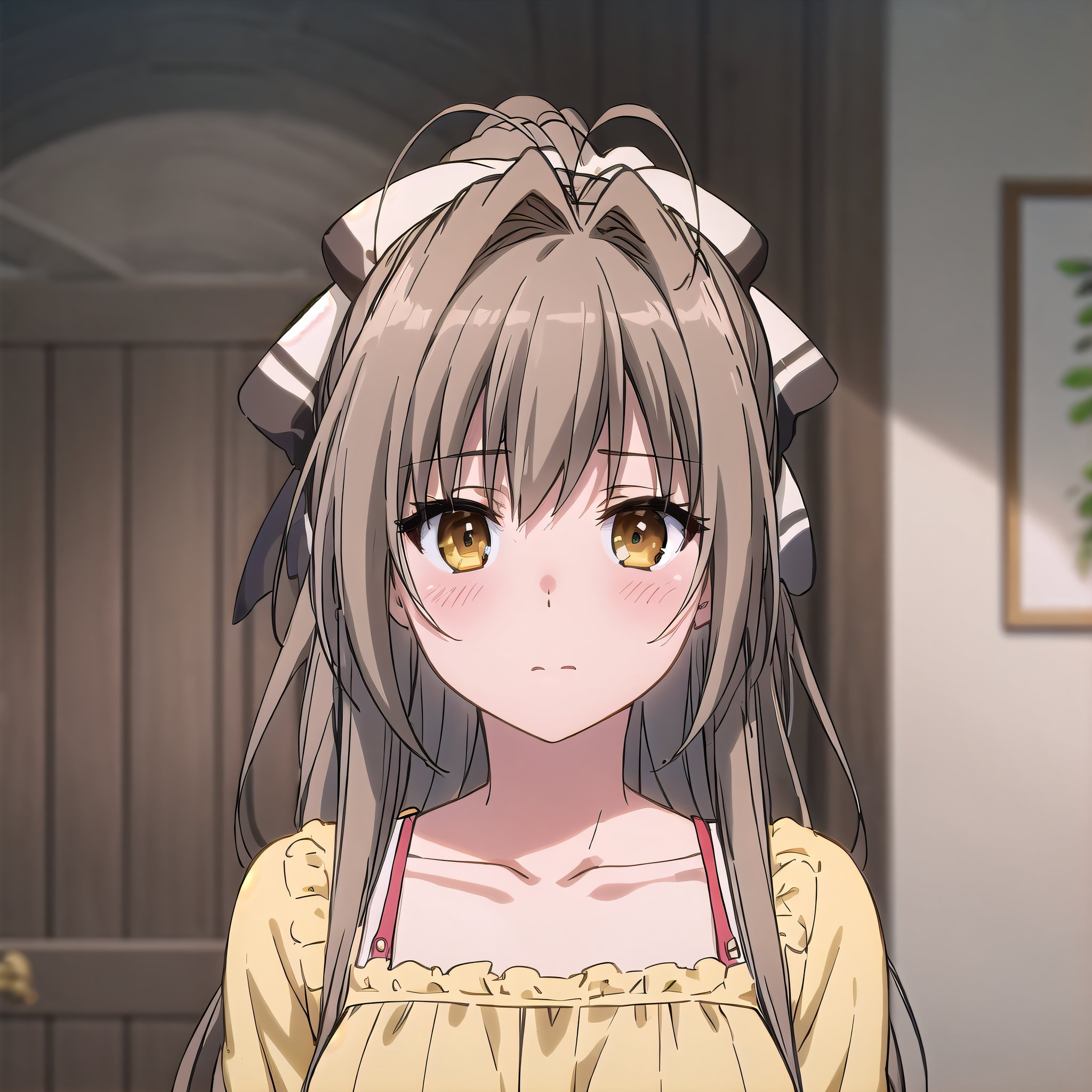 best quality, (masterpiece:1.2), highly detailed, indoors,1girl, solo, <lora:chara_AmagiBrilliantPark_SentoIsuzu_v1:0.7>, sento isuzu, bored, closed mouth, looking at the viewer,brown hair, long hair, antenna hair, ponytail, brown eyes, collarbone, yellow dress, frills, long sleeves