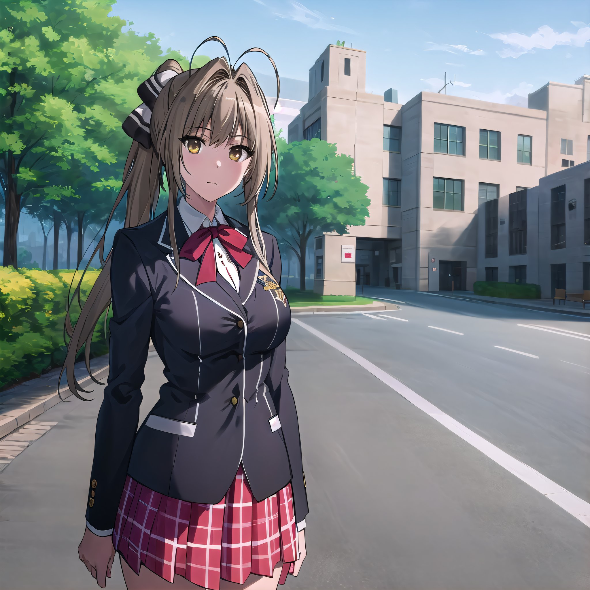 best quality, (masterpiece:1.2), highly detailed, outdoors, school,1girl, solo, <lora:chara_AmagiBrilliantPark_SentoIsuzu_v1:0.8>, sento isuzu, closed mouth, looking at the viewer,brown hair, long hair, antenna hair, ponytail, brown eyes, school uniform, blazer, plaid skirt, red skirt