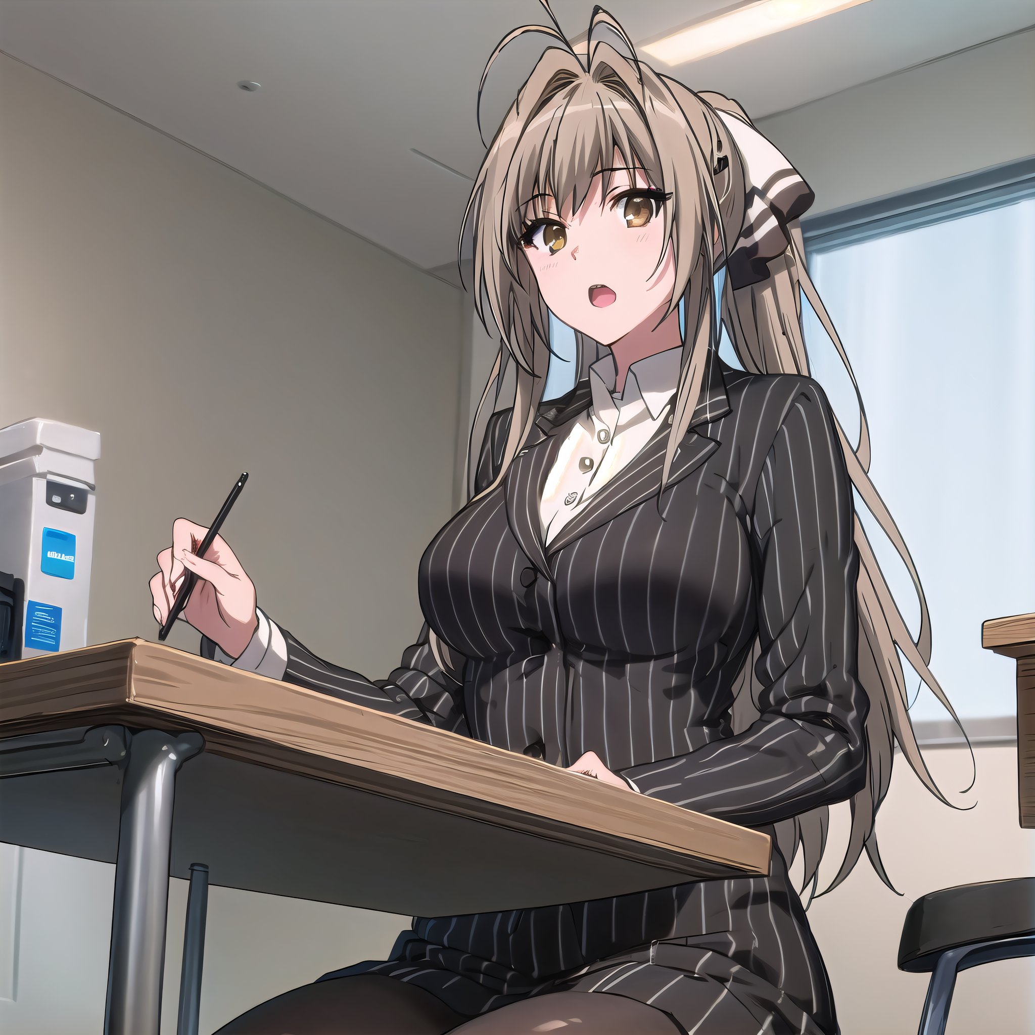 best quality, (masterpiece:1.2), highly detailed, indoors, office, desk,1girl, solo, <lora:chara_AmagiBrilliantPark_SentoIsuzu_v1:0.8>, sento isuzu, open mouth,  looking at the viewer,brown hair, long hair, antenna hair, ponytail, brown eyes, pinstripe suit, skirt suit, pantyhose