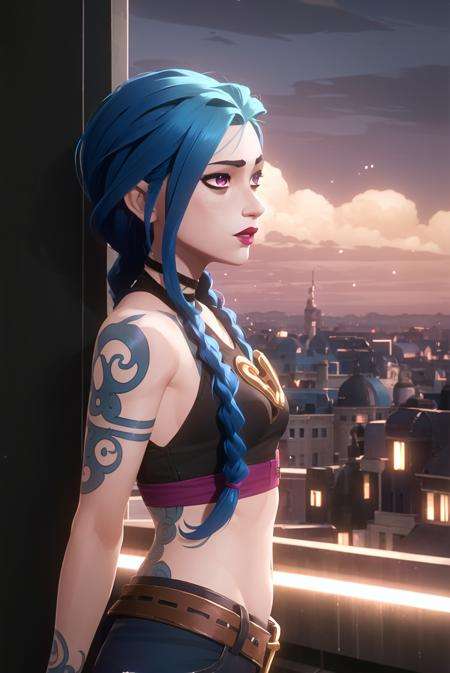 arcane style, 1girl, arm tattoo, asymmetrical bangs, bangs, blue hair, braid, brown shirt, cloud tattoo, from side, night, city, green hair, long hair, midriff, pink eyes, red lips, shirt, solo, standing, tattoo, twin braids, upper body, arcane jinx, jinx \(league of legends\)<lora:arcane:0.65>