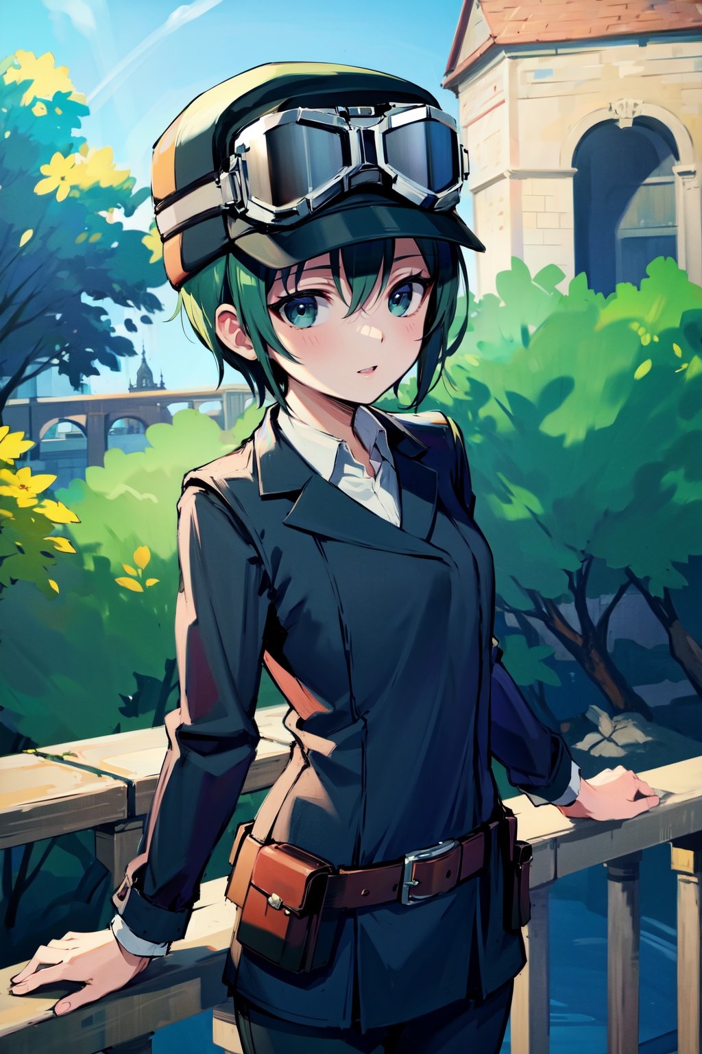 absurdres, highres, best quality, <lora:kino_v2:1> kino \(kino no tabi\), outdoors, goggles on head, 