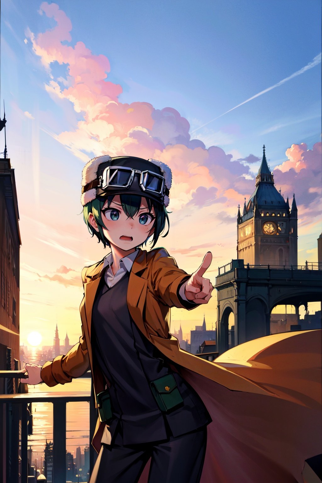 absurdres, highres, best quality, <lora:kino_v2:1> kino \(kino no tabi\), balcony, sunset, city, googles on head, hat, traveling outfit, (awestruck:1.3), open mouth, pointing, coat, dynamic pose, 