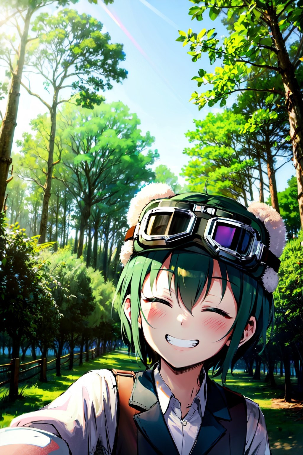 absurdres, highres, best quality, <lora:kino_v2:1> kino \(kino no tabi\), outdoors, goggles on head, closed eyes, grin, forest, 