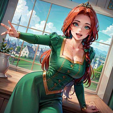 (FionaWaifu:1), 1girl, cute, cute pose, (long hair, tiara, red hair, braid, blue eyes, freckles, makeup), (green dress:1), curvy, looking at viewer, smile, :D, breast focus, leaning forward,(detailed ladscape, castle, window, sky, flowers, clouds:1.2), (background:1), (dynamic_angle:1.2), (dynamic_pose:1.2), (rule of third_composition:1.3), (dynamic_perspective:1.2), (dynamic_Line_of_action:1.2), solo, wide shot,(masterpiece:1.2), (best quality, highest quality), (ultra detailed), (8k, 4k, intricate), (full-body-shot:1), (Cowboy-shot:1.2), (50mm), (highly detailed:1.2),(detailed face:1.2), detailed_eyes,(gradients),(ambient light:1.3),(cinematic composition:1.3),(HDR:1),Accent Lighting,extremely detailed,original, highres,(perfect_anatomy:1.2), chu <lora:FionaPrincess_Character:0.6>