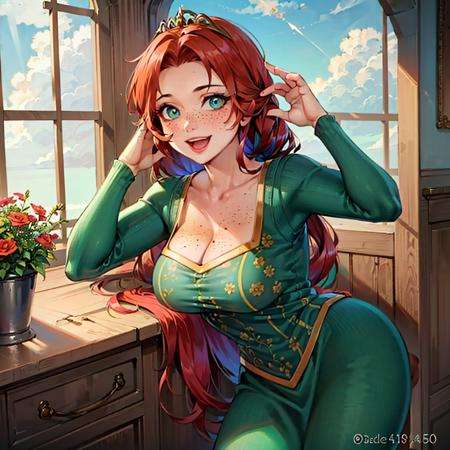 (FionaWaifu:1), 1girl, cute, cute pose, (long hair, tiara, red hair, braid, blue eyes, freckles, makeup), (green dress:1), curvy, looking at viewer, smile, :D, breast focus, leaning forward,(detailed ladscape, castle, window, sky, flowers, clouds:1.2), (background:1), (dynamic_angle:1.2), (dynamic_pose:1.2), (rule of third_composition:1.3), (dynamic_perspective:1.2), (dynamic_Line_of_action:1.2), solo, wide shot,(masterpiece:1.2), (best quality, highest quality), (ultra detailed), (8k, 4k, intricate), (full-body-shot:1), (Cowboy-shot:1.2), (50mm), (highly detailed:1.2),(detailed face:1.2), detailed_eyes,(gradients),(ambient light:1.3),(cinematic composition:1.3),(HDR:1),Accent Lighting,extremely detailed,original, highres,(perfect_anatomy:1.2), chu <lora:FionaPrincess_Character:0.6>