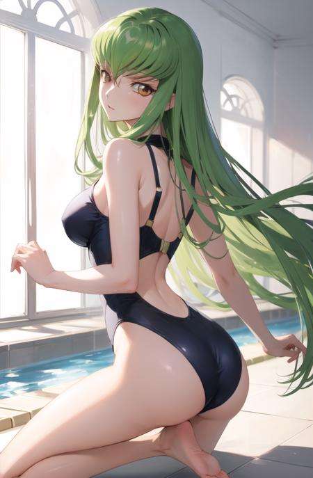 (masterpiece, best quality, ultra-detailed, best shadow, volumetric lighting), (beautiful detailed face, beautiful detailed eyes), (best illumination),c.c., code geass,green hair, very long hair, wavy hair, orange eyes, detailed eyes, medium breast, ass,ashford academy swimsuit,full body, intense angle,mksks style, beautiful background, professional lightning, indoor, pool,