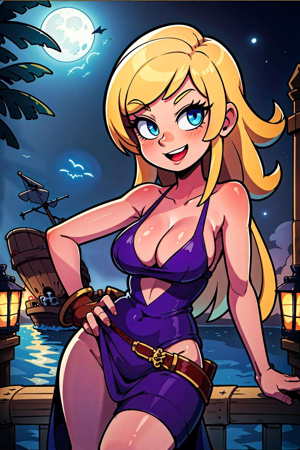 highres, masterpiece, perfect lighting, night, moon, moonlight, perfect skin, female, looking at viewer, <lora:BJenetMS:1>, cleavage, blue eyes,  purple dress, yellow hair, :d, <lora:piratepunkai_v10:0.7>, piratepunkai BJenetMS, pirate ship, deck