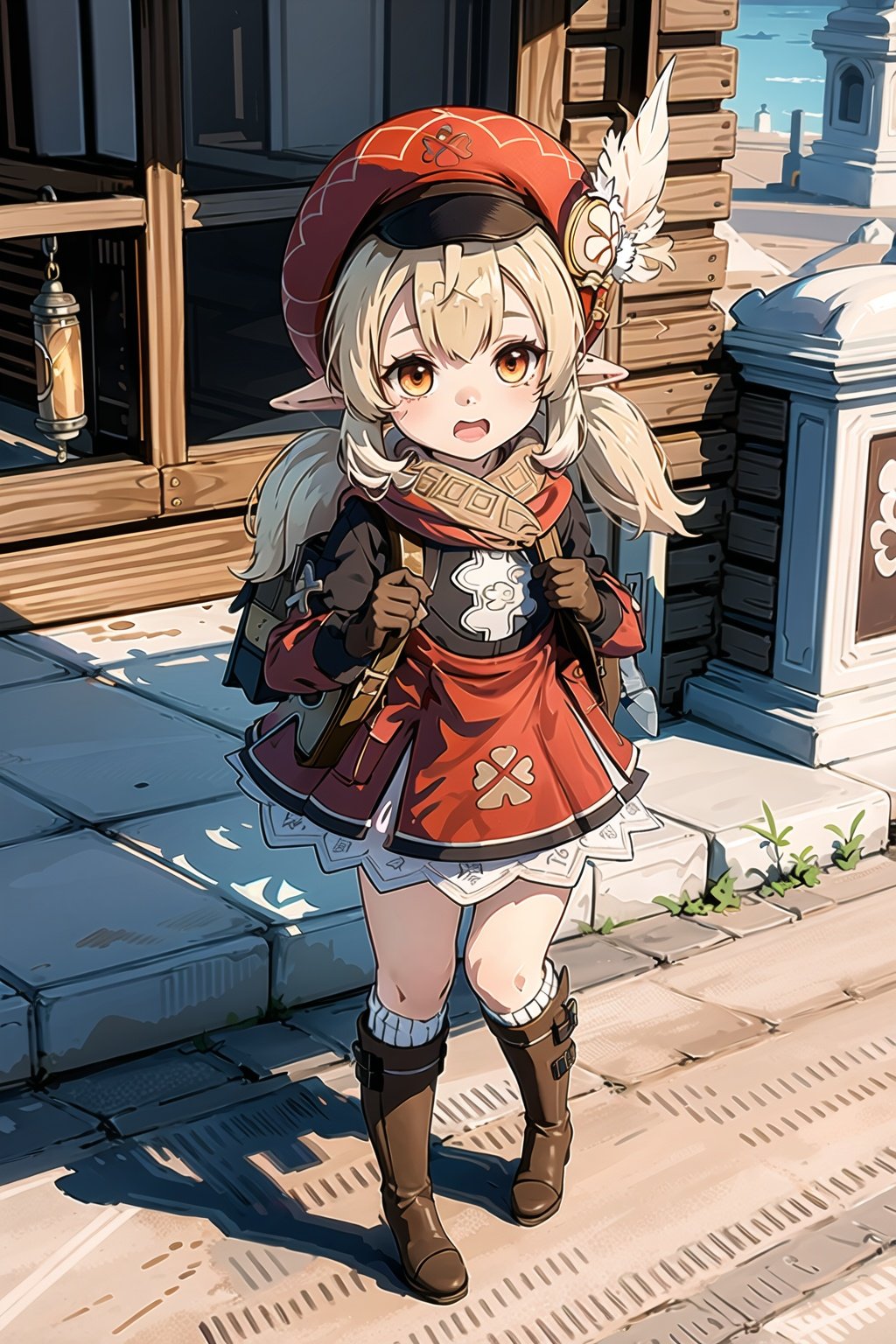 (8k, best quality, masterpiece), ultra-detailed, (high detailed skin),

kleedef, loli, child, barrel_skirt, beret, brown scarf, klee \(genshin impact\), leather_gloves, knee boots, pointy ears, brown footwear,school_bag,hat feather, low twintails,