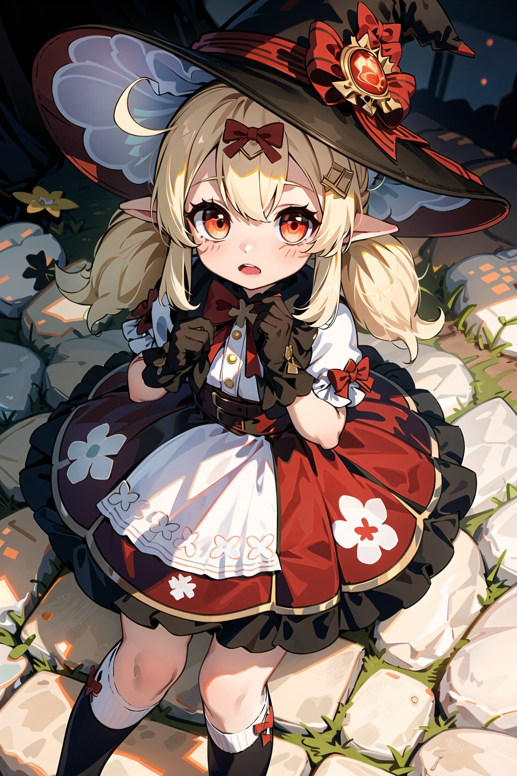 (8k, best quality, masterpiece), ultra-detailed, (high detailed skin),
kleenew, loli, child, red_dress, witch hat, hair_clip,hair_ribbon,ribbon,black_gloves, twintails, bow, clover print, hat ornament, kneehighs, hair ornament , sidelocks,kleenew