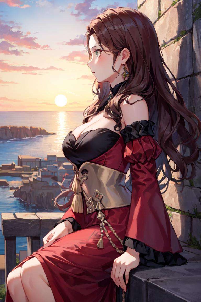 masterpiece, best quality, dorothea, red dress, detached sleeves, cleavage, corset, sunset, side view, cliff <lora:dorothea-nv-ver2-v4-000010:0.9>