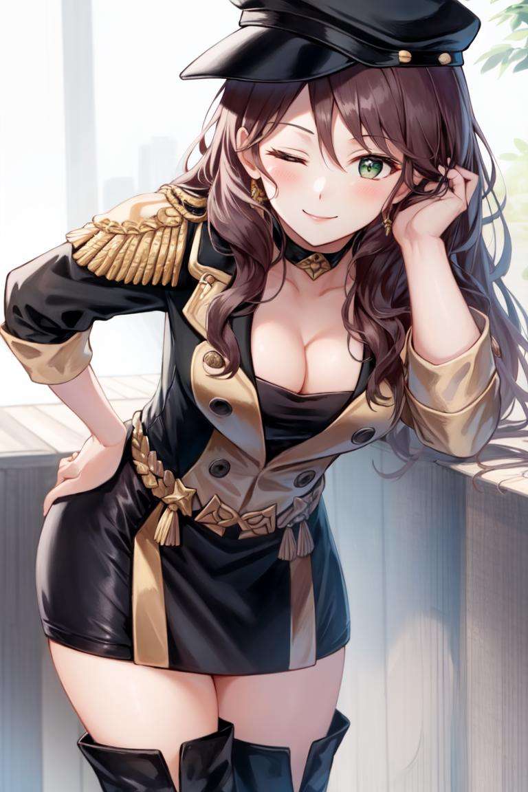 masterpiece, best quality, dorothea, cabbie hat, collar, black jacket, cleavage, black skirt, thighhigh boots, leaning forward, smile, one eye closed <lora:dorothea-nv-ver2-v4-000010:0.9>