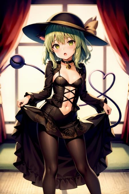 masterpiece, best quality,  <lora:KomeijiKoishi:1>,1girl, komeiji koishi, animal ears, hat, tail, green eyes, cat ears, pantyhose, green hair, third eye, cat tail, heart, solo, cat, skirt, black pantyhose, bell, ribbon, kemonomimi mode, wide sleeves, heart of string, navel, kaenbyou rin (cat), long sleeves, kaenbyou rin, short hair, open mouth,  looking at viewer, floral print, neck bell, alternate costume, collar, eyeball, jingle bell, hat ribbon, shirt, bow, full body, choker, :o, clothes lift, hat bow, leg ribbon, adapted costume