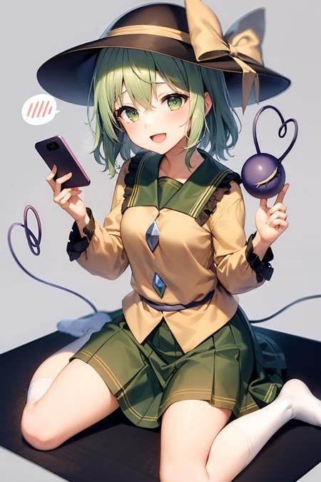 masterpiece, best quality,  <lora:KomeijiKoishi:1>,1girl, komeiji koishi, phone, solo, green eyes, hat, skirt, school uniform, yellow bow, bow, cellphone, open mouth, third eye, green hair, socks, !, green skirt, sitting, serafuku, holding phone, long sleeves, smartphone, spoken exclamation mark, smile, blush, wariza, heart of string, heart, hat bow, kneehighs, white socks, alternate costume, holding, black headwear, pleated skirt, sailor collar, no shoes, hair between eyes, short hair, :d, bowtie, full body, shirt, bangs, miniskirt, eyeball, hat ribbon, ribbon