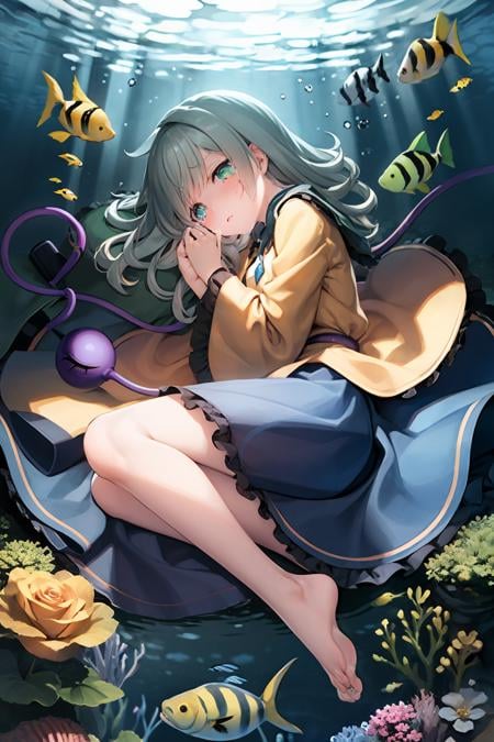 masterpiece, best quality,  <lora:KomeijiKoishi:1>,1girl, solo, green eyes, hat removed, headwear removed, barefoot, rose, flower, third eye, blue rose, fish, tears, skirt, green hair, blue flower, underwater, wide sleeves, short hair, long sleeves, lying, long hair, no headwear, eyeball, shirt, on side<lora:style01:1>