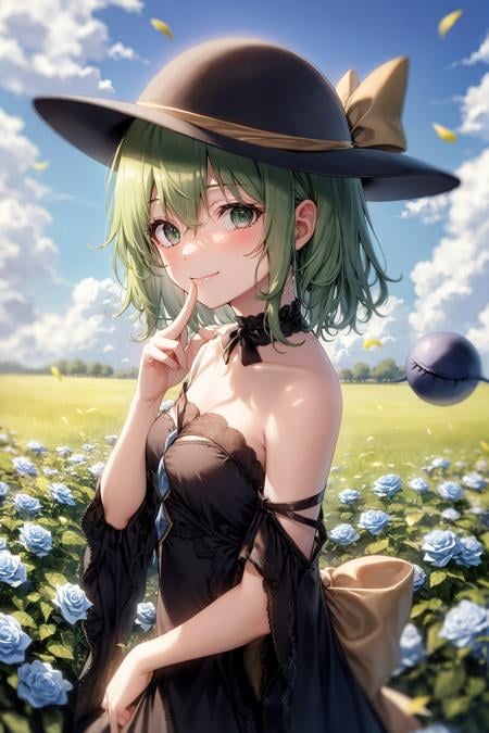 masterpiece, best quality,  <lora:KomeijiKoishi:1>,1girl, solo, green eyes, komeiji koishi, hat, green hair, flower, blue flower, blue rose, rose, detached sleeves, short hair, bare shoulders, third eye, breasts, bow, smile, petals, dress, from side, medium breasts, looking at viewer, outdoors, black headwear, long sleeves, frills, cloud, wide sleeves, hat bow, closed mouth, choker, alternate costume, sky, black dress, white bow, blush, bangs, hair between eyes, flower field, finger to mouth, frilled sleeves, hand up, field, strapless, eyeball, white skirt, cloudy sky, hat ribbon, ribbon, strapless dress, detached collar, finger to cheek, adapted costume, standing, cowboy shot, upper body