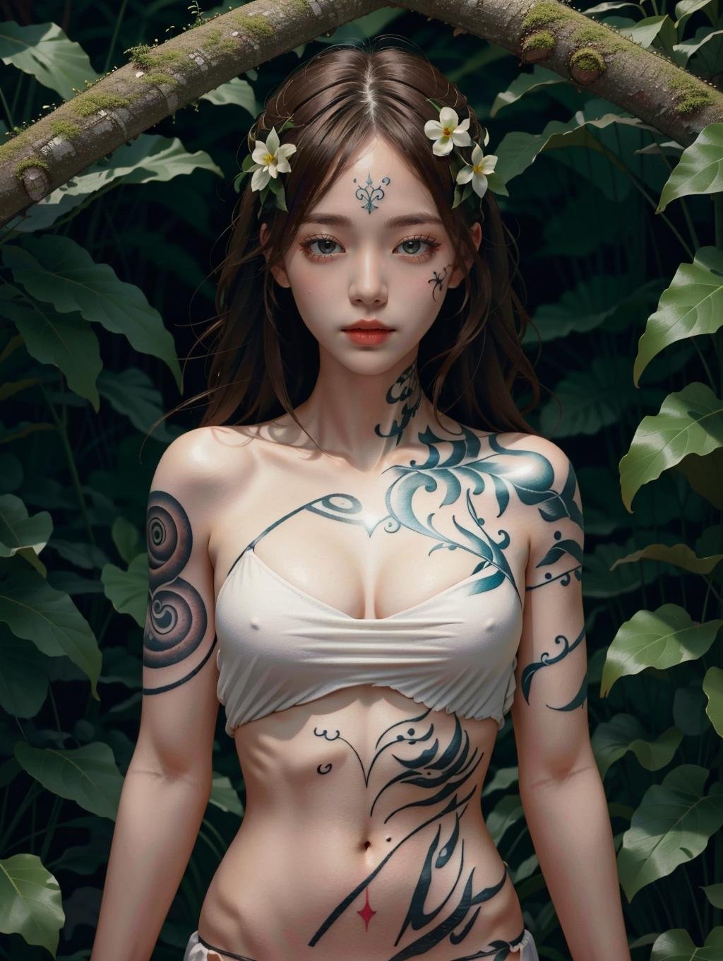 ((masterpiece)), ((best quality)), 8k, high detailed, ultra-detailed, 1girl, tattoo, vine tattoo, full body tattoo, white shirt,  <lora:VineTattoo:0.7>