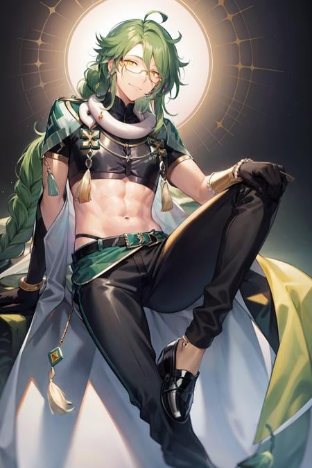 masterpiece, best quality,1boy, male focus, green hair, solo, long hair, gloves, braid, full body, green eyes, jewelry, glasses, pants,  snake, black gloves, navel, looking at viewer, single braid, smile, hair between eyes, black pants,, yellow eyes, closed mouth, shirt, braided ponytail, black footwear