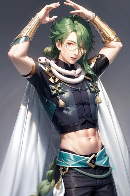 masterpiece, best quality,1boy,glasses,arms up,snake,short shirt,jewelry,novel,belt,pants,sarong,vision \(genshin impact\),grey background, (kbxll:0.6)