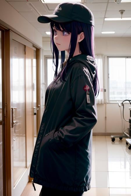 masterpiece, best quality,indoor,(hospital:1.4),1girl,purple hair,long hair,symbol-shaped pupils,black hat, hand in pocket,hood,black jacket ,open jacket,from side