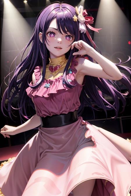 masterpiece, best quality,stage,1girl,purple hair,long hair,hair ornament, symbol-shaped pupils,pink dress,pink clothes,(simple background:0.5), (kbxll:0.6)