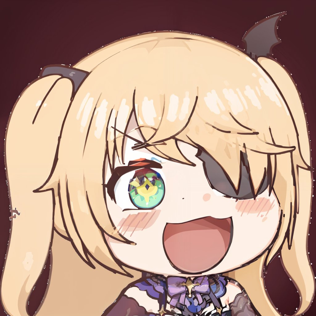 masterpiece, best quality, <lora:fischl:1>,1girl, fischl (genshin impact), green eyes, eyepatch, two side up, blonde hair, solo, open mouth, smile, :d, long hair, chibi, bangs, simple background, blush stickers, ribbon, hair ribbon, blush, black background, meme, bow, v-shaped eyebrows, :3, looking at viewer, bowtie, portrait, sidelocks