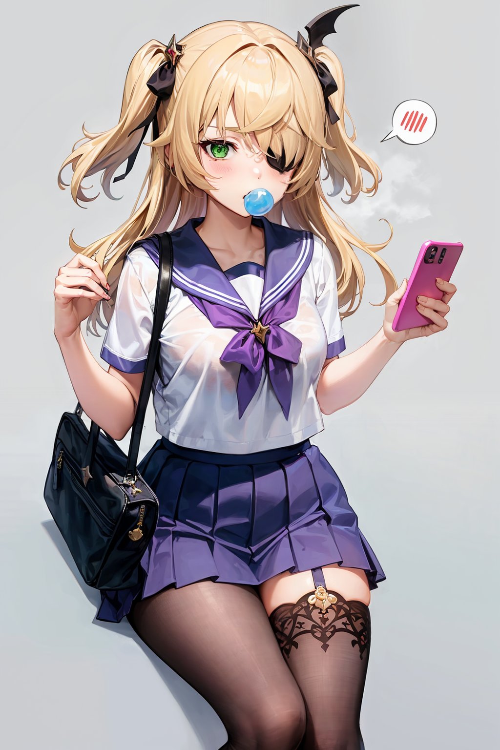 masterpiece, best quality, <lora:fischl:1>,fischl (genshin impact), slime (genshin impact),skirt, thighhighs, phone, school uniform, green eyes, bubble blowing, cellphone, chewing gum, blonde hair, holding phone, bag, two side up, short sleeves, holding, eyepatch, blue skirt, shirt, charm (object), bow, pleated skirt, long hair, bowtie, serafuku, smartphone, sailor collar, 2girls, sitting, white shirt, school bag, hair ribbon, multiple girls, ribbon, red bow, alternate costume, blue sailor collar, red bowtie, simple background, looking at viewer, bag charm, single thighhigh, miniskirt, black ribbon, grey background, blush, bangs, white hair, zettai ryouiki, brown thighhighs, spoken character, hair ornament, black thighhighs, contemporary, breasts, hair between eyes, speech bubble, neckerchief, pantyhose, small breasts, feet out of frame, red neckerchief, 1girl, hair over one eye, hair bow, black bow