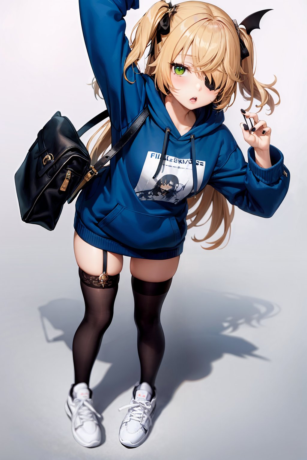 masterpiece, best quality, <lora:fischl:0.8>,fischl (genshin impact), 1girl, black nails, blonde hair, solo, green eyes, eyepatch, two side up, bag, hoodie, long hair, garter straps, hood, thighhighs, simple background, alternate costume, white background, black thighhighs, hair over one eye, nail polish, holding, standing, shoes, full body, looking at viewer, long sleeves, looking up, bangs, white footwear, holding bag, parted lips, from above, sneakers, hair ribbon, hood down, arm up, jacket, contemporary, open mouth, ribbon, casual, drawstring, black bag